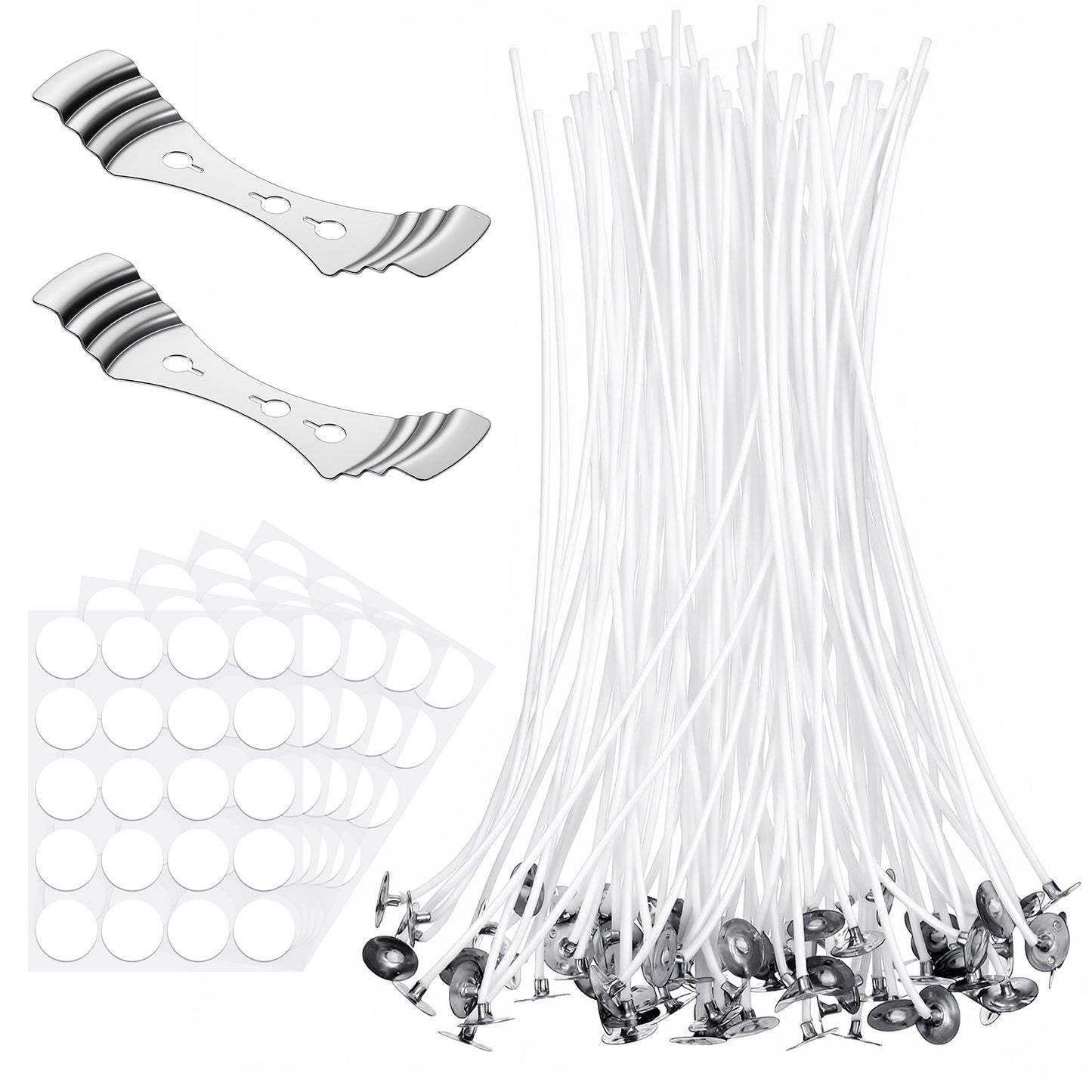100 Pcs cotton wicks for candles 8 Inch wicks for candlemaking Pre-Waxed with Paraffin, Includes 100 Adhesive Stickers and 2 Metal Wick Holders for Soy Beeswax Candle Making candle making wicks