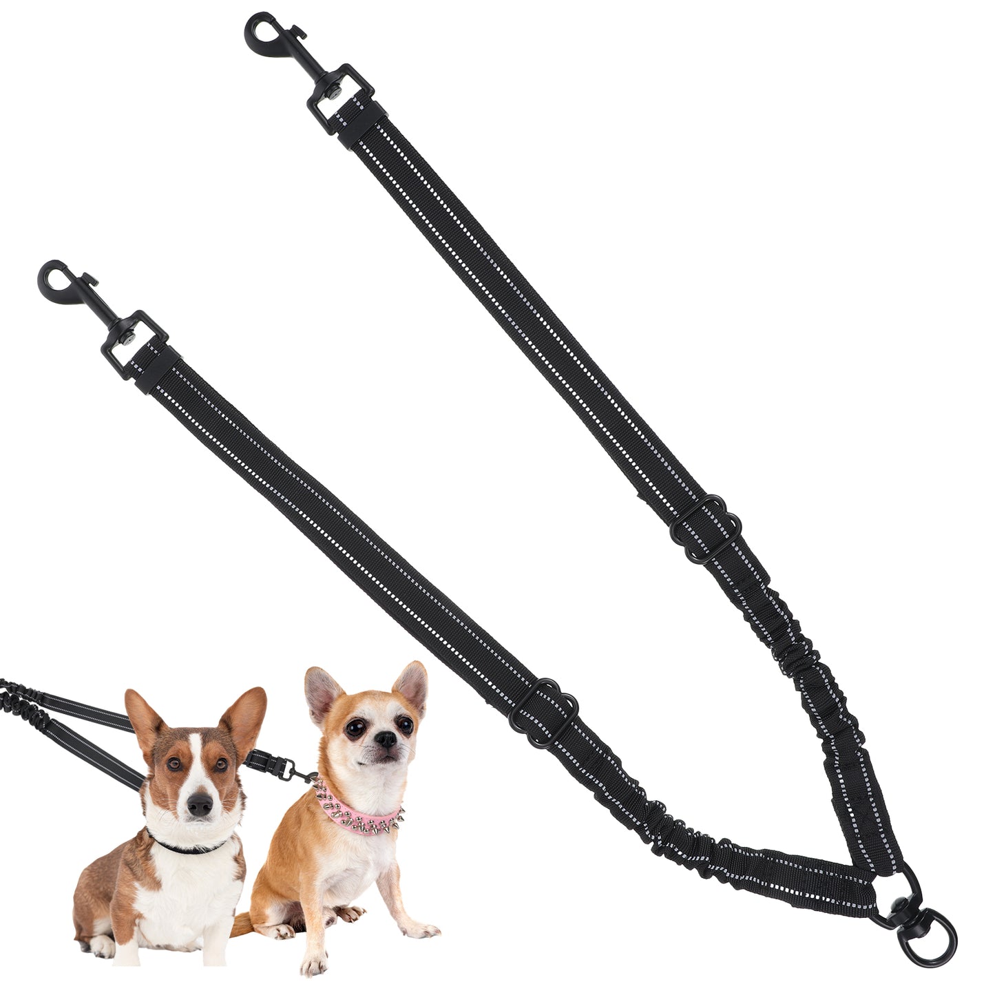 Hekoujiub Dual Dog Leash Reflective Leash for 2 Dogs 360° Rotating Dual Leashes for 2 Dogs No Tangle, Black Adjustable Straps and Shock-Absorbing Elastic Band for Dog of Different Sizes
