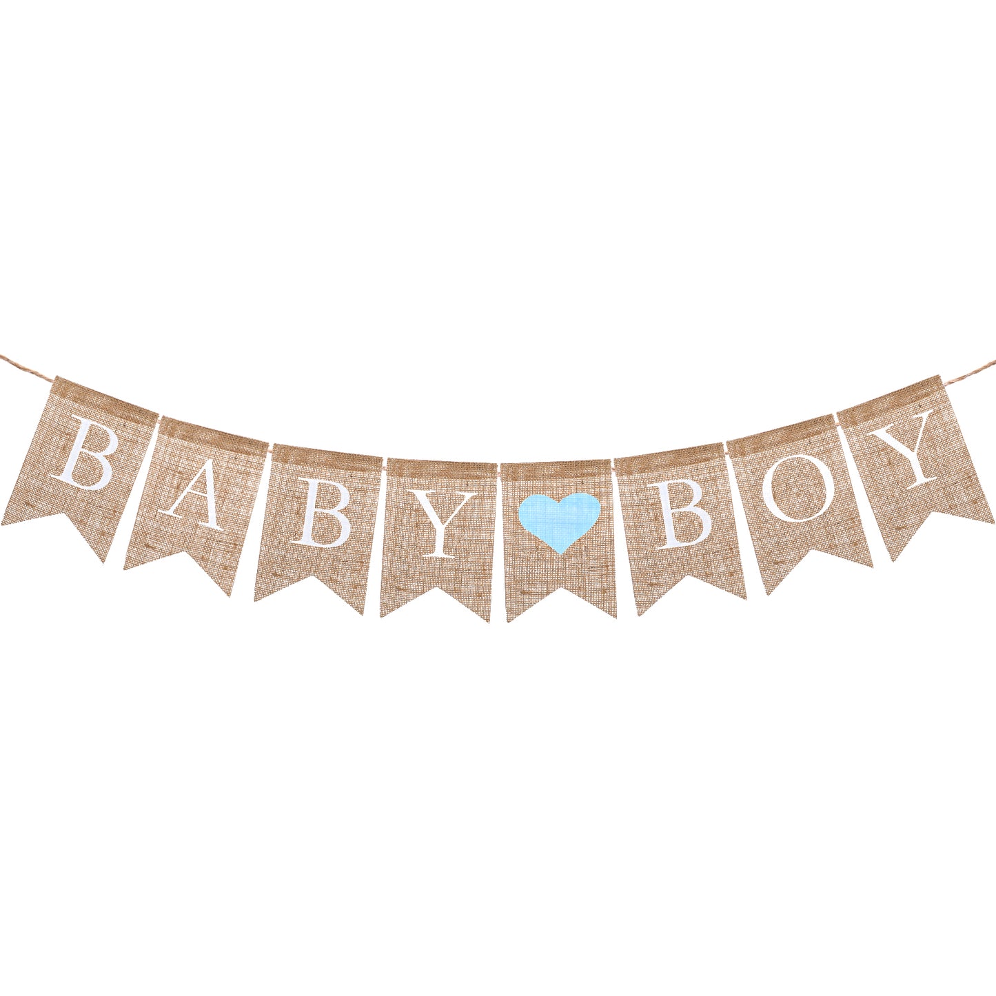 Baby Boy Burlap Banner, Pre-Assembled Jute Flags For Baby Shower And Gender Reveal, Light Blue Heart, Rustic Decor