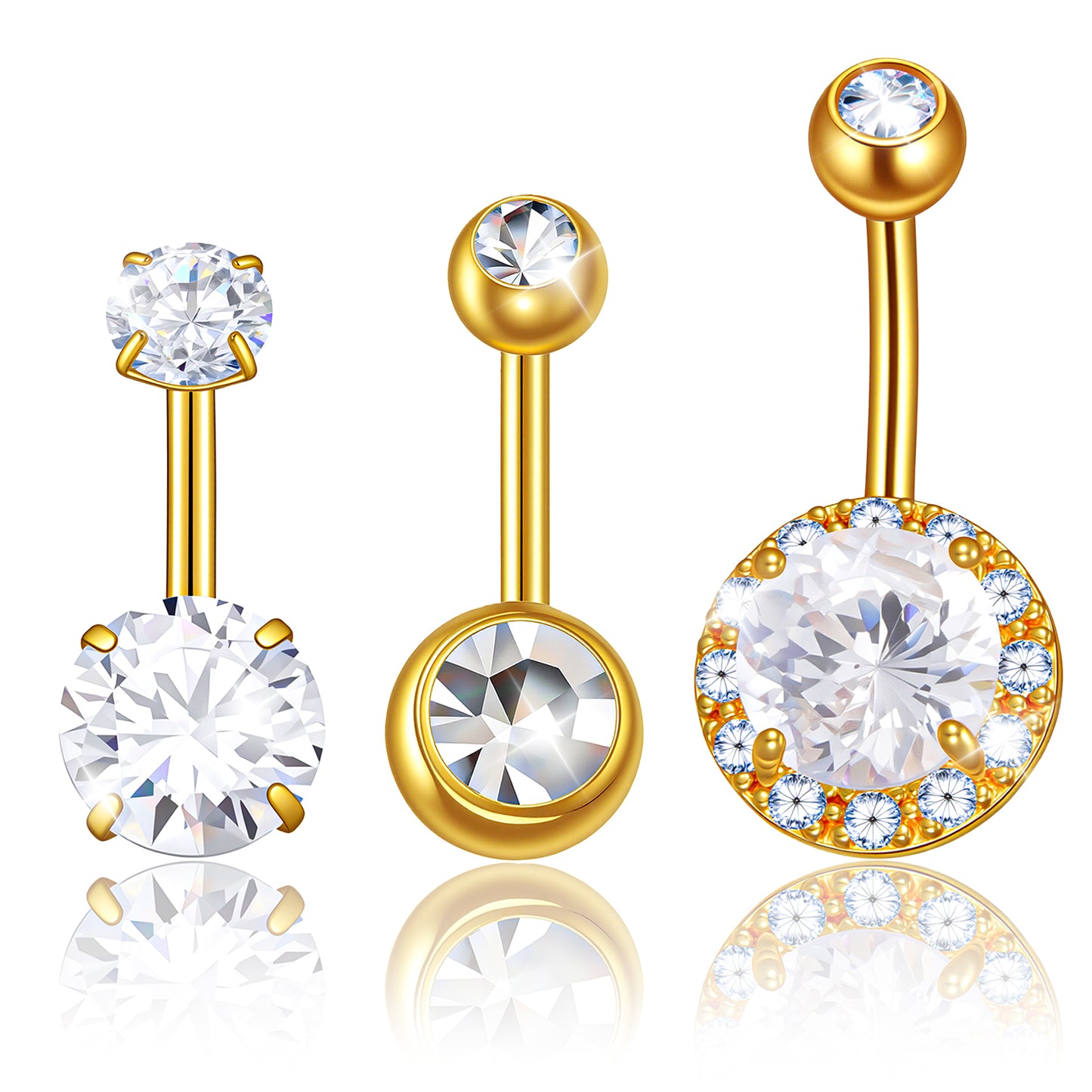 Lusofie 3Pcs short bar belly button rings - 14G Gold gold belly button ring With Zirconia For Women - 6mm/10mm navel piercing jewelry