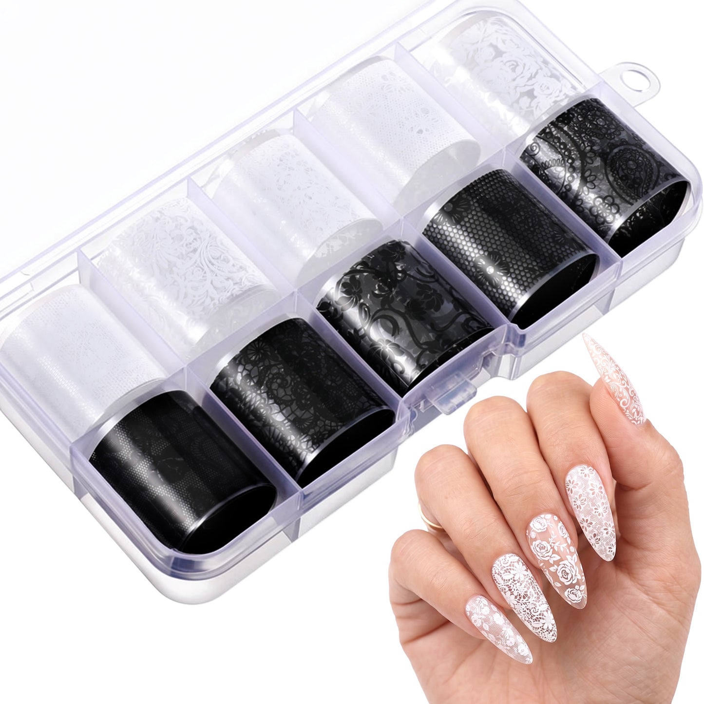 20PCS Lace Nail Foils Transfer Nail Art, Black and White Flowers Lace Foil for Nails, Holographic Laces Nail's Stickers, for Nails Art Desigins