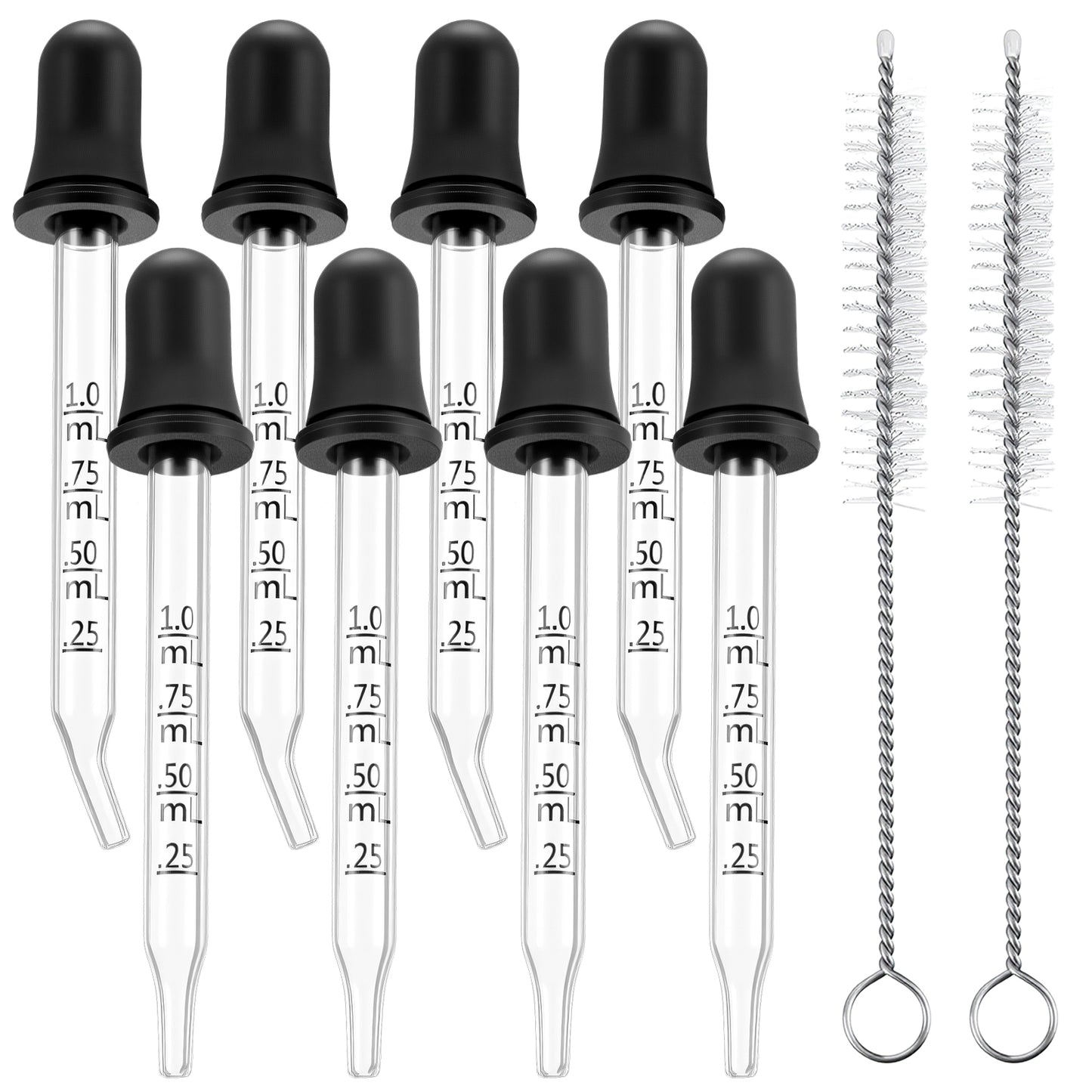 Josojoou 10PCS Droppers with Measurement, 1ml Glass Dropper with Bent & Straight Tips, Eye Droppers with Clean Brush, Glass Pipette Dropper, for Essential Oils, Transfer, and Dispensing of Liquids.