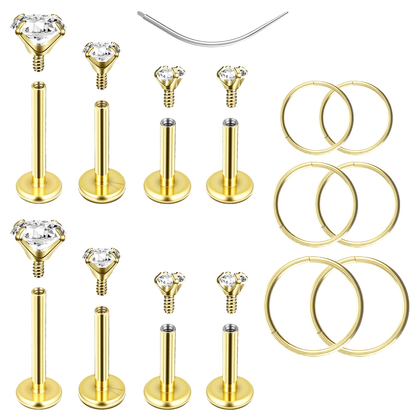 14K Gold Plated Tragus Piercing Jewelry Set 15PCS – 18G Flat Back Surgical Steel Earrings for Sensitive Ears, Internal Thread CZ Studs & Hoops for Helix Tragus Conch Nose Piercing Jewelry for Women