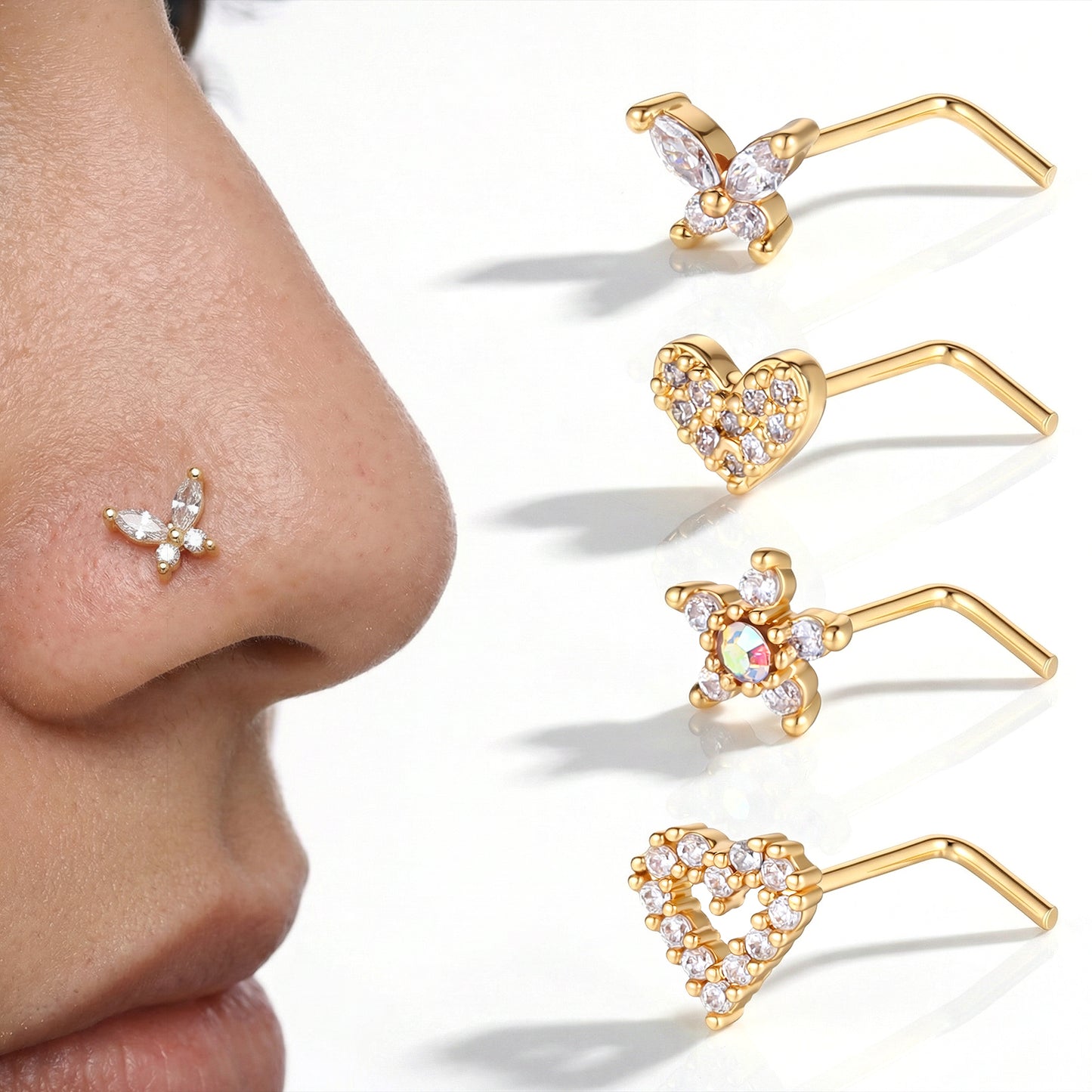 Tucnoeu 4 Pcs Nose Studs for Women, L Shaped Nose Rings, Stainless Steel Butterfly Heart Designs Gold Noses Piercing CZ Body Piercing Noses Studs Jewelry