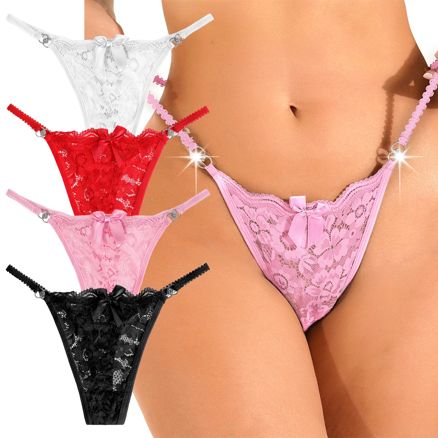 Telooco Sexy Lace Panties G-String Thongs for Women Adjustable Sexy Low Waist Thongs Breathable T-back Panties, 4Pack (Large)