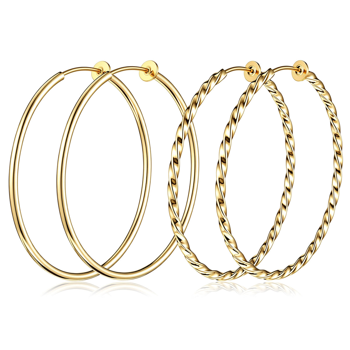 2 Pairs Hoop Earrings Gold Large Gold Hoop Earrings Clip On 50mm 2.0mm