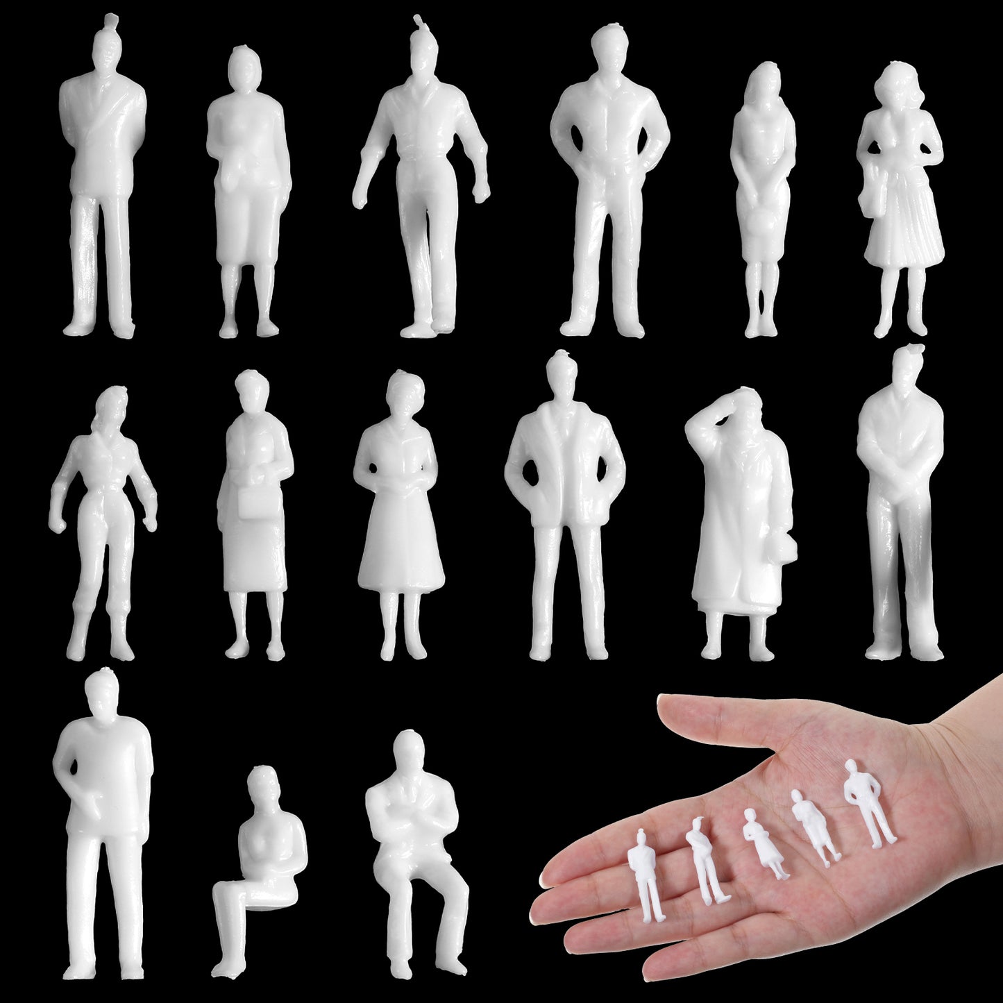 Tucnoeu 100pcs 1:50 Scale White Unpainted Mini People Figures - Miniature People Figurines for Model Trains, Architectural Projects, and DIY Miniature Scenes