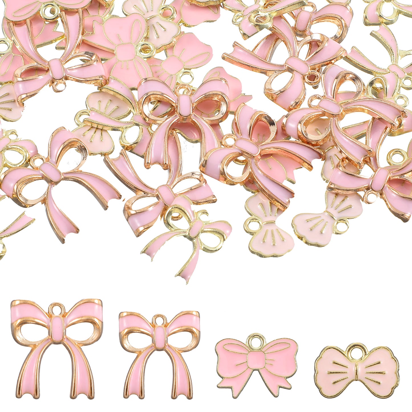 Telooco 40Pcs Bow Charms for Jewelry Making 4 Styles Pink Enamel Bowknot Charms Bulk Cute Bow Charms for Bracelets Necklace Earrings DIY Craft Supplies