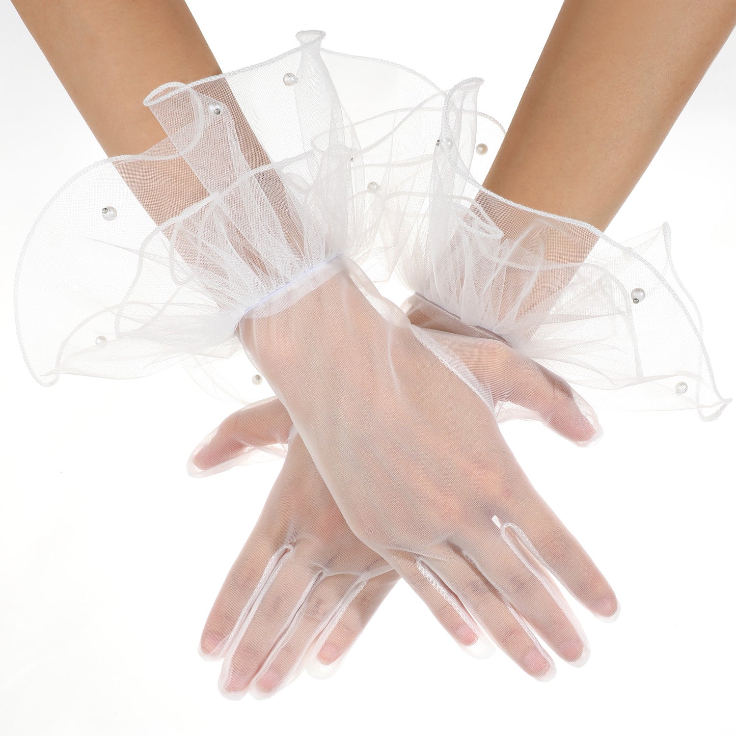 Neyauo Women's Short Mesh Gloves, Ruffled Tulle With Pearls, Elegant Wedding Party Evening Formal Costume Accessories, White