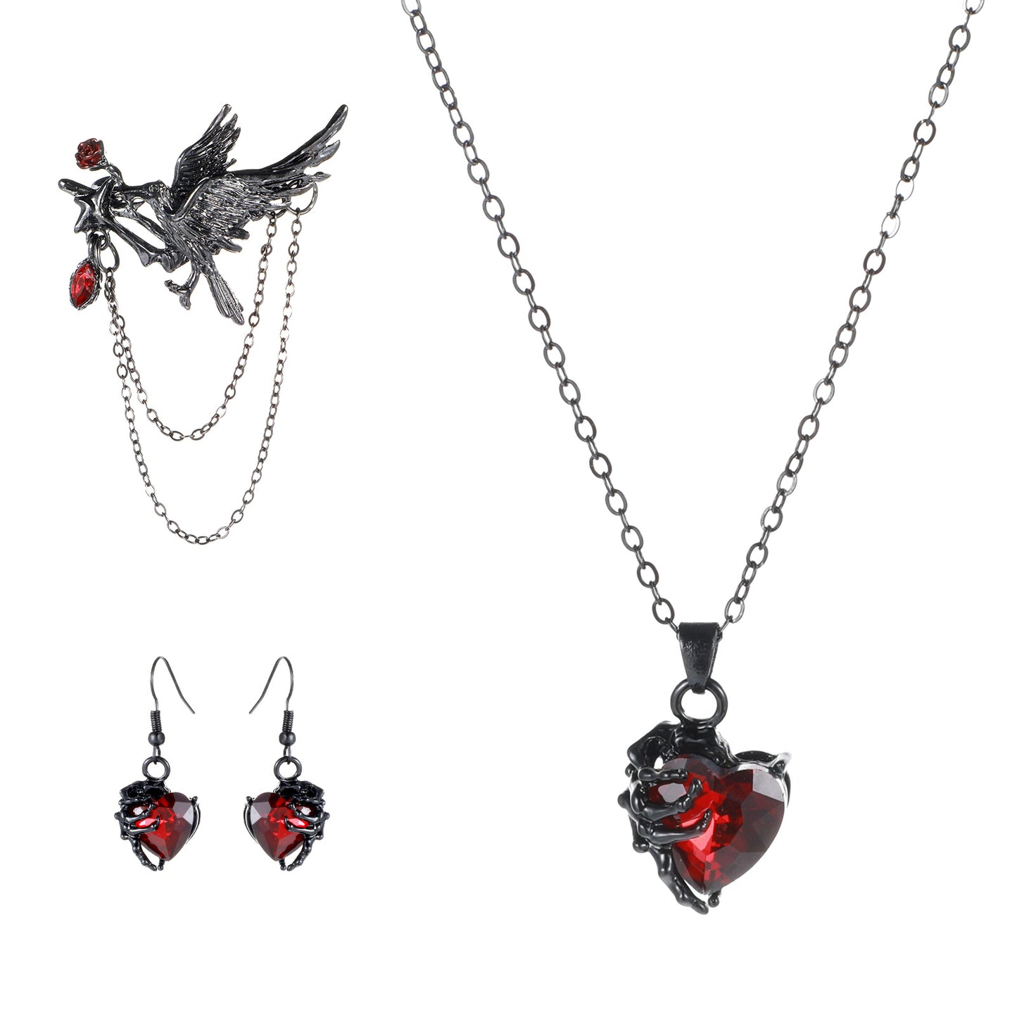 Tucnoeu Halloween Crow Jewelry Set: Crow Brooches for Women, Gothic Necklace, Black Earrings - Perfect Halloween Accessories