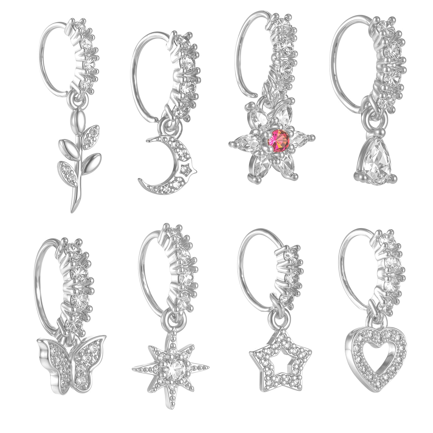 Yolev 8 Pcs 20g Dangle Nose Rings Hoop for Women Septum Nose Piercing Jewelry Studs Women L Shaped Dangling Nose Stud Hoop Nose Piercing Jewelry Heart Star Cartilage Nose Rings(silver)