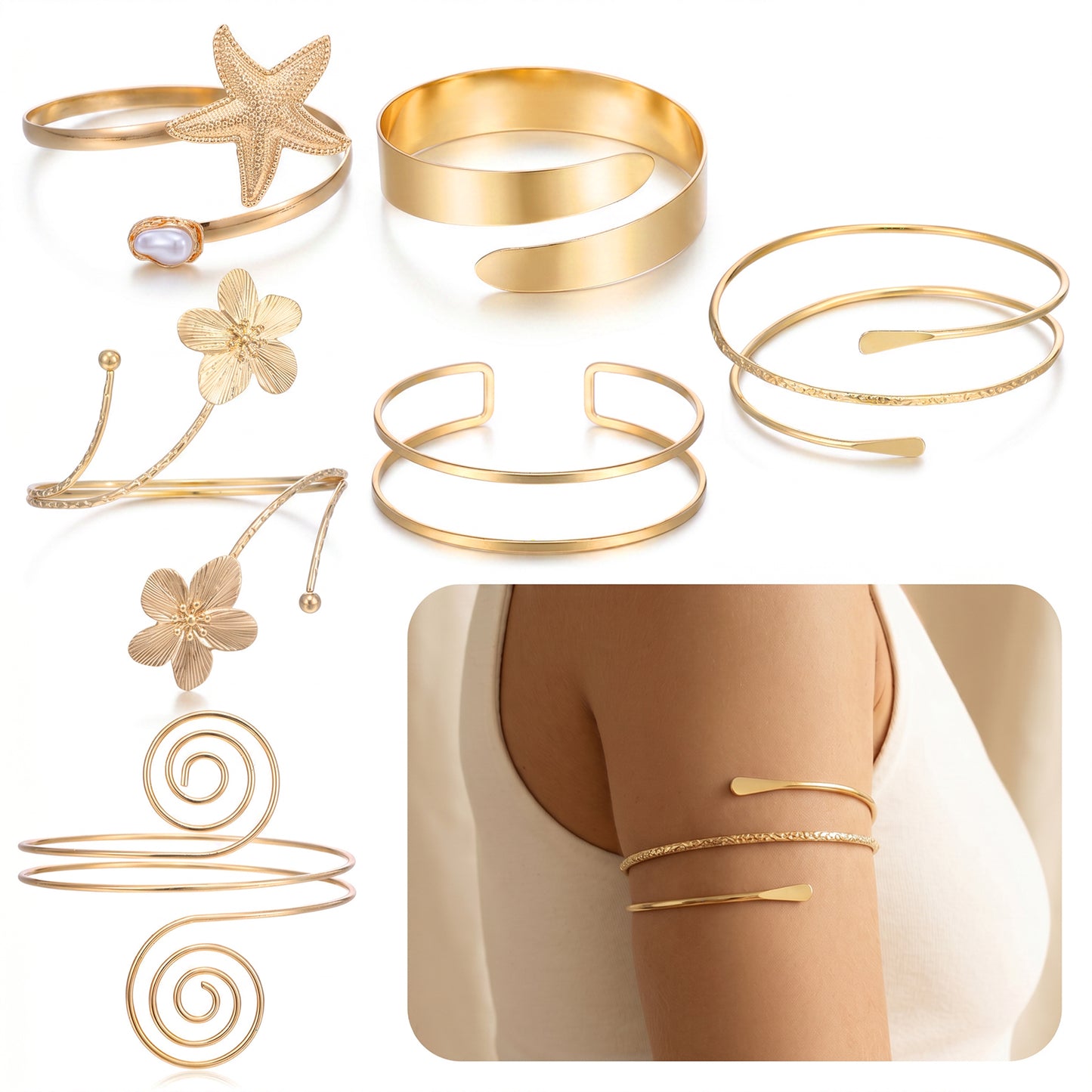 6PCS Gold Arm Cuffs- Boho Statement Arm Bracelet for Women Adjustable Armlet Set (Double Helix, Smooth Surface, Round Wire, Starfish Pearl, Triple Wrap, French Floral) for Beach Party Festival Gifts