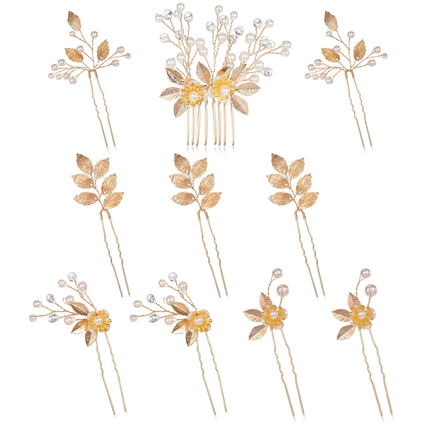 10Pcs Gold Flower Hair Pins, Bridal Wedding Hair Pins, Pearl Gold Leaf Floral Decorative Hairs Pin for Women Bride Bridesmaids Flower Girls