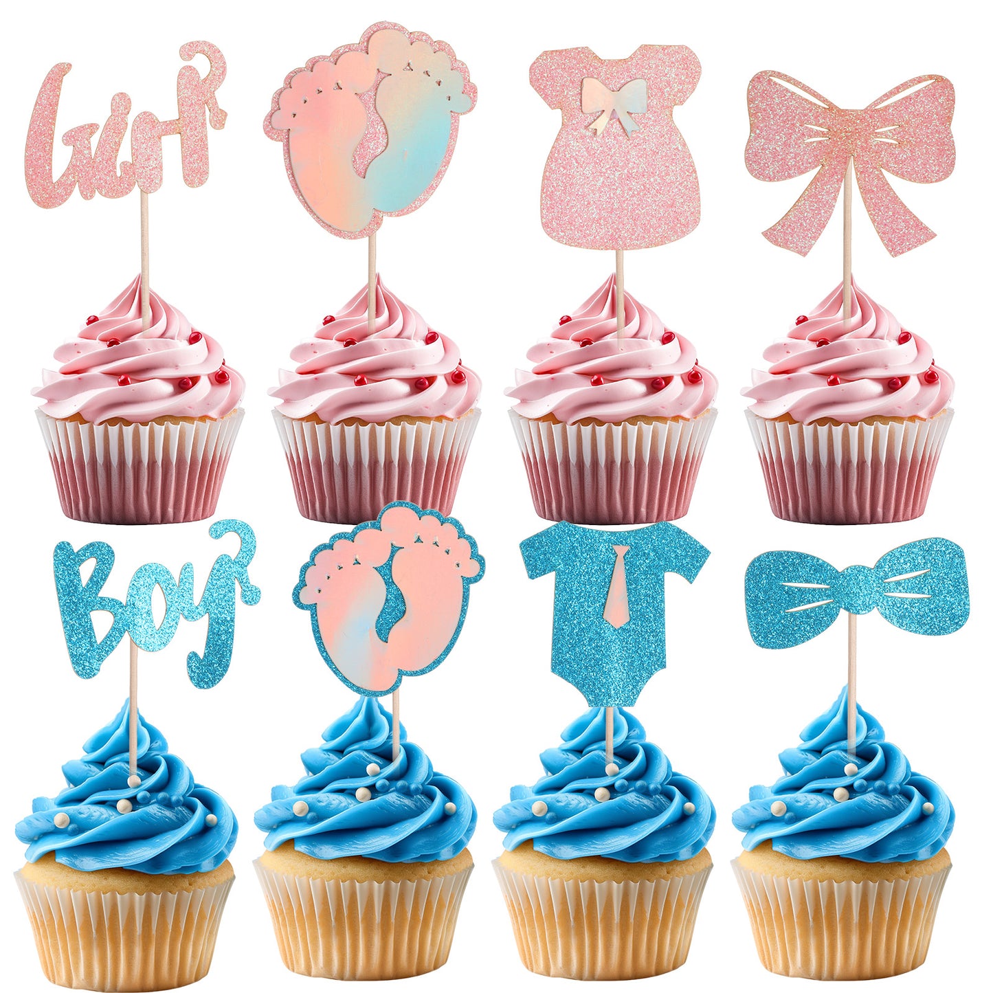 32 Pcs Boy or Girl Cupcake Toppers, Glitter Gender Reveal Cupcake Toppers, Onesie Jumpsuit Footprint Bow Tie Cupcakes Picks, Baby Shower Kids Birthday Party Cake Decorations Supplies