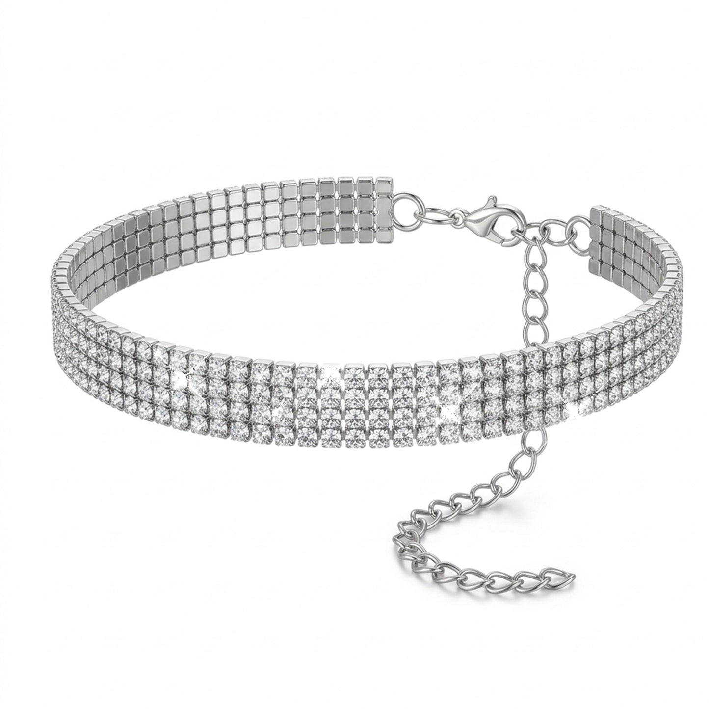 Neyauo Rhinestone Choker Necklace for Women, Silver Sparkly Crystal Diamond 4 Row Choker, Dainty Adjustable Tennis Collar Necklace for Prom, Wedding, Bridal, Party & Homecoming - Elegant Jewelry Gift