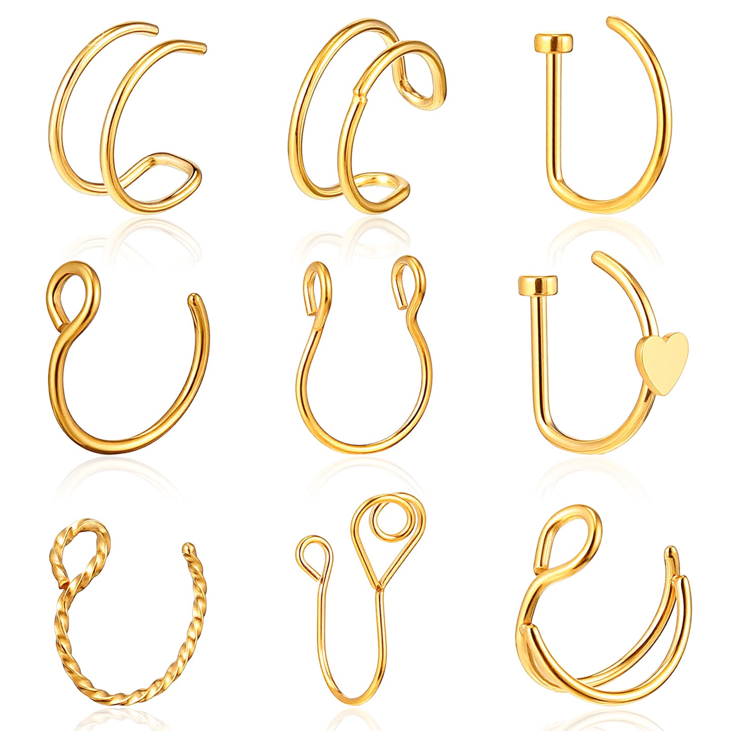 9Pcs Fake Nose Rings Gold Fake Nose Piercing Clip on Nose Rings for Women Non Piercing Septum Ring Hoop Lip Ring Ear Cuff Earrings for Women Party