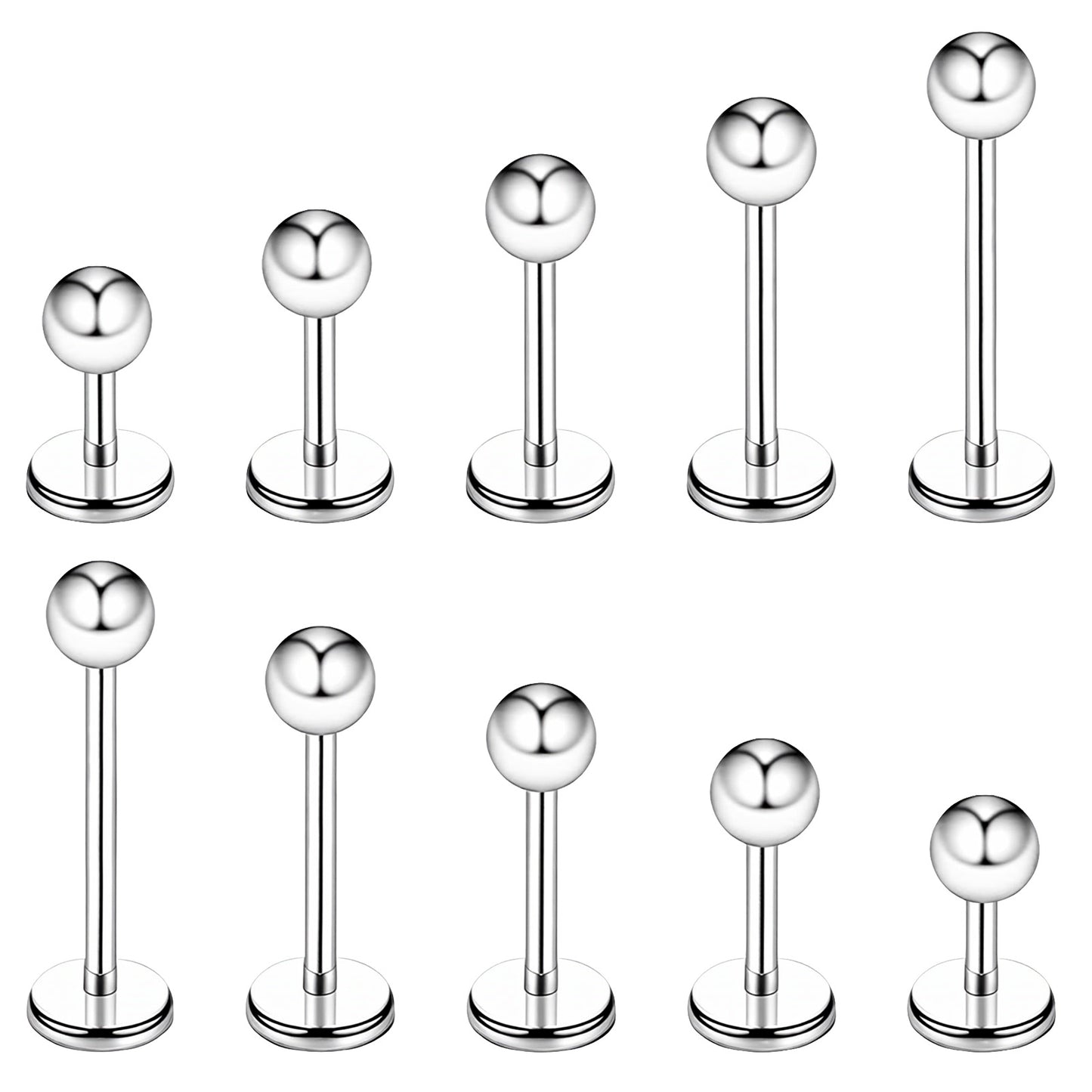 HekouJiub 5 Pairs Tragus Piercing Jewellery, Stainless Steel Tragus Earrings, 4-12mm Flat Back Nose Stud, Silver Labret Studs, Jewelry Gift for Both Men and Women