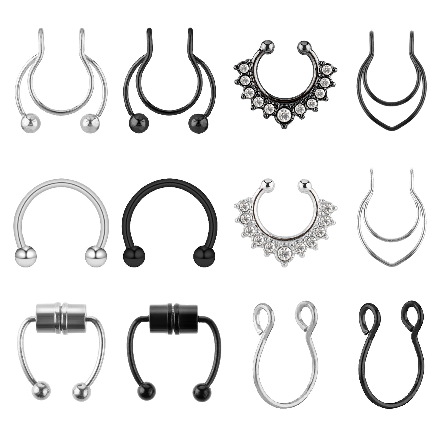 HekouJiub 12Pcs Fake Nose Ring Magnetic Fake Septum Stainless Steel Nose Ring Hoop Hypoallergenic Clip On Nose Lip Ring Non-Pierced Septum Ring for Women Men