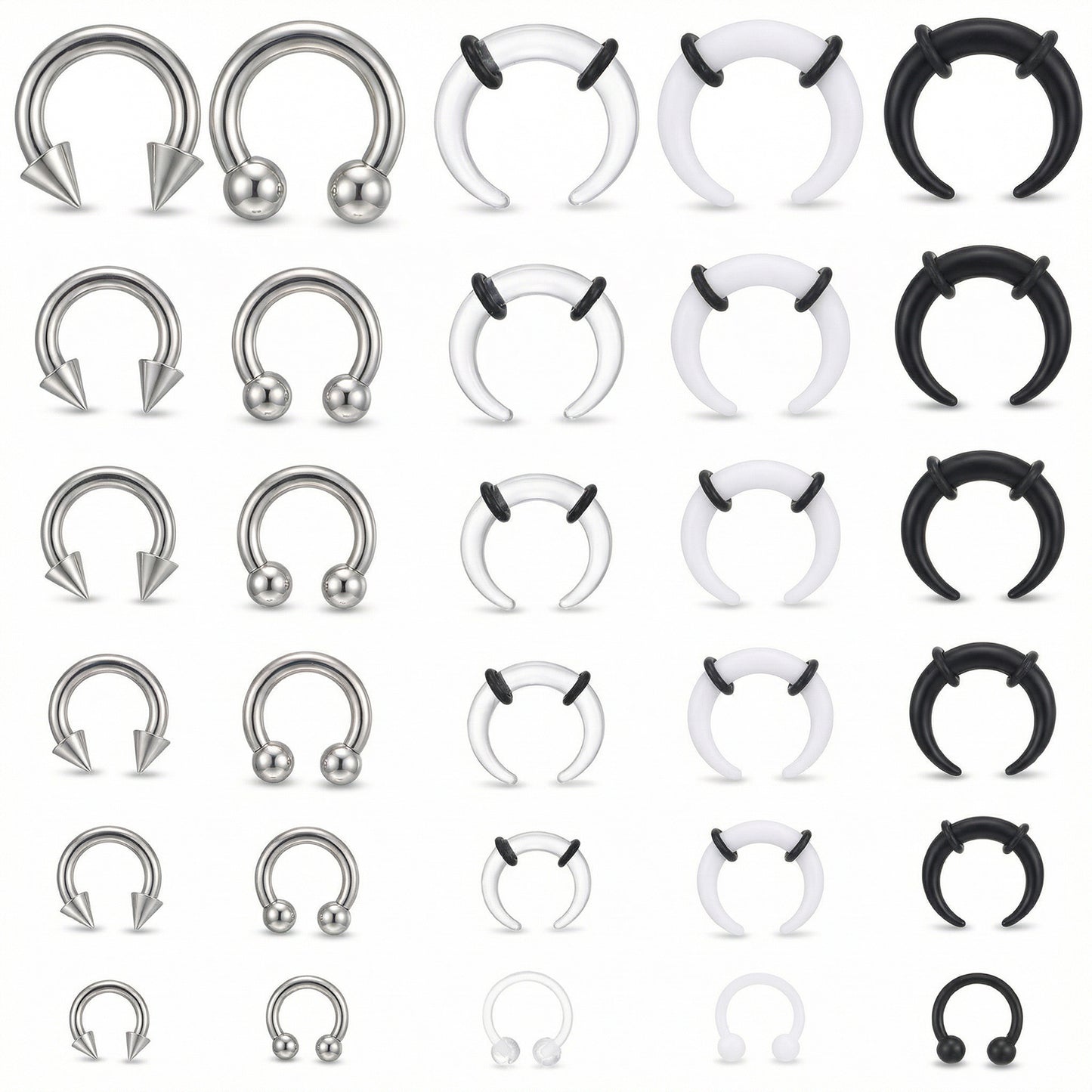 Yolev 24Pcs Septum Stretching Kit 16G 14G 12G 10G 8G 6G Septum Pincher Tapers Rings Acrylic Stainless Steel C Shape Fake Stretched Septum Metal Horseshoe Piercing Jewelry for Women Men