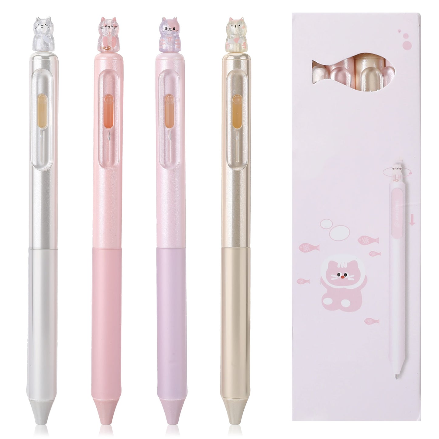 4 Pcs Cute Retractable Pens, Gliiter Cat Gel Pens, 0.5mm Fine Point Black Ink Cute Kawaii Pen, Smooth Writing Cat Pens for Writing Women Office School Supplies