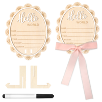 Baby Announcement Sign, Double Sided Wooden Hello World Welcome Baby Sign, Birth Announcement Signs With Marker Pen Ink Pad Ribbon Bow for Babys Shower Hand Footprints Photo Prop