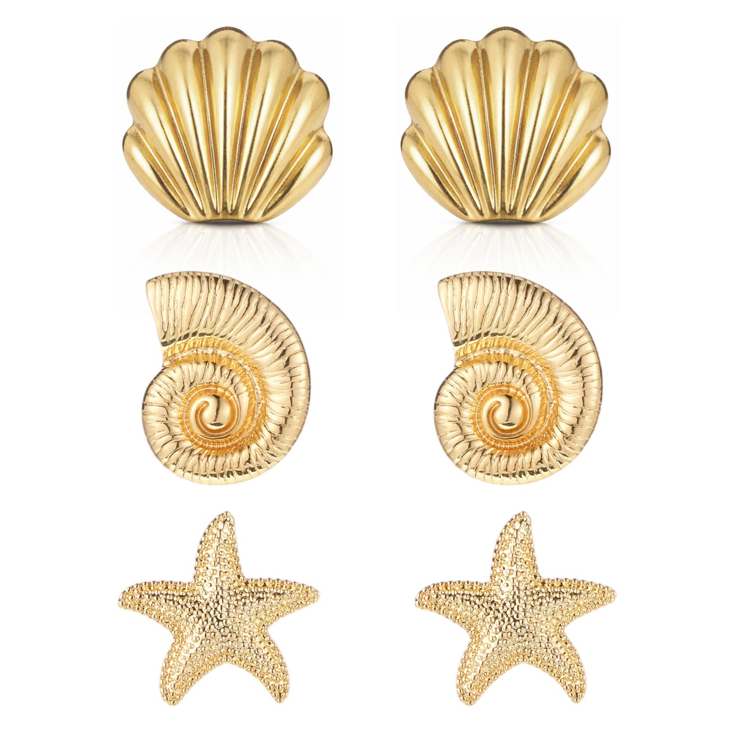 Beach Earrings for Women, 14K Gold Plated Shell Earring, Starfish Earring, Summer Earrings, 3 Pairs Ocean Jewelry Set
