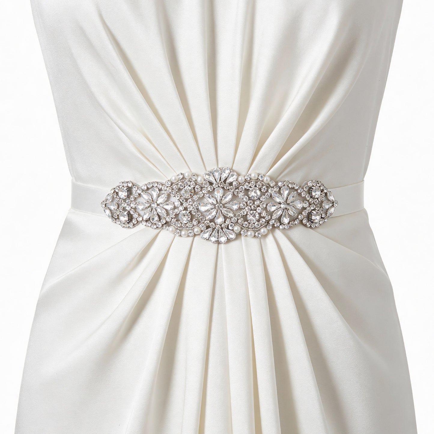 Neyauo Handmade Crystal Rhinestone Pearl Wedding Bridal Sash Belt, Silver, For Flower Girl Evening Dress, Prom, Party, Formal Occasion
