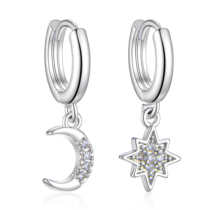 Silver Hoop Earrings for Women Moon and Star Earrings CZ Small Huggie Cartilage Earring