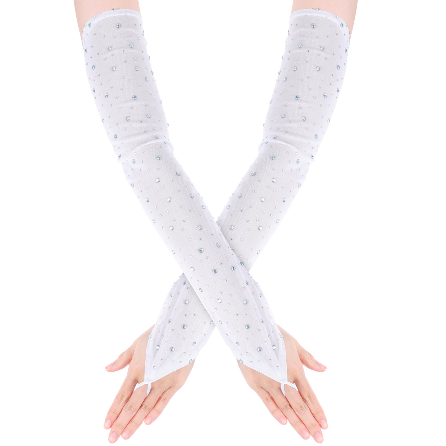 HaiFafafaing Rhinestone Fingerless Gloves Long Mesh Tulle Gloves For Women Elbow Length Glitter Sheer Glove For Tea Party(White)