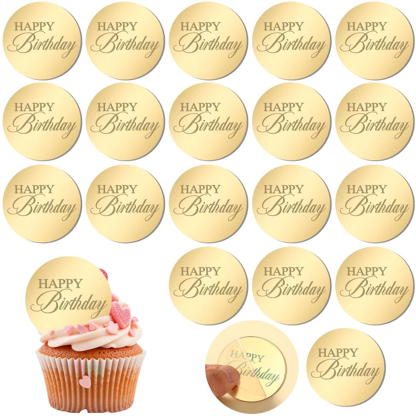 20pcs Gold Acrylic Happy Birthday Cupcake Toppers, Round Mirror Cake Picks, Reusable Cake Decorations for Birthday Party Desserts