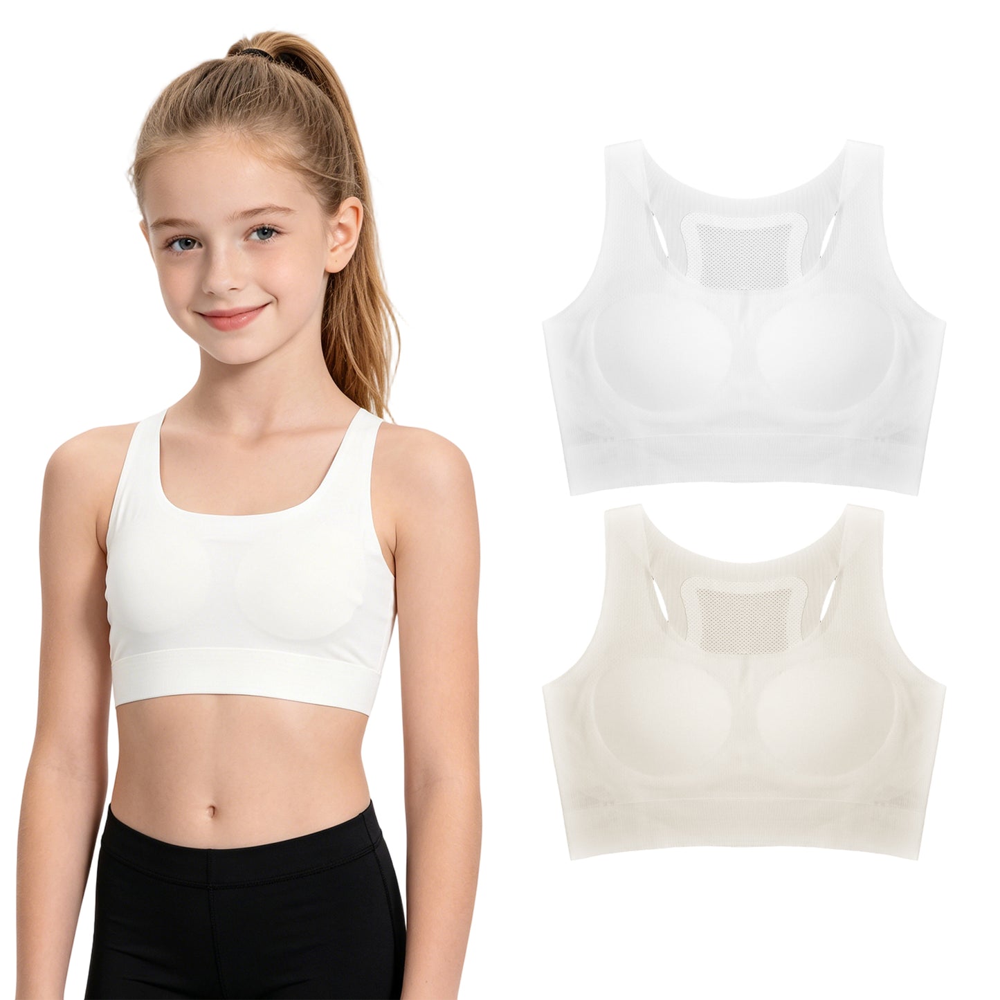 Ziuohaa 2 Pack Girls Sports Bra - Racerback Training Bras for Girls Kids 10-12 12-14 with Sewn in Pads - White Skin 8-12 12-14 Years(XL,White Skin)