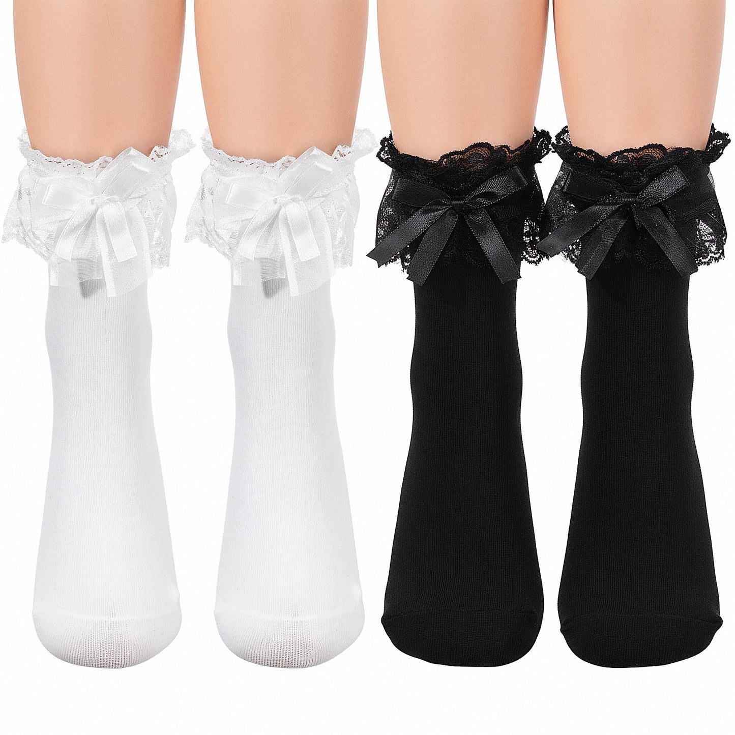 Josojoou 2 Pairs Lace Ruffle Frilly Sock for Women, Lace Womens Ruffle Socks with Bow, Princess Cotton White Frilly Socks for Pairing with Lolita Dresses And loafers Shoes(Black White)