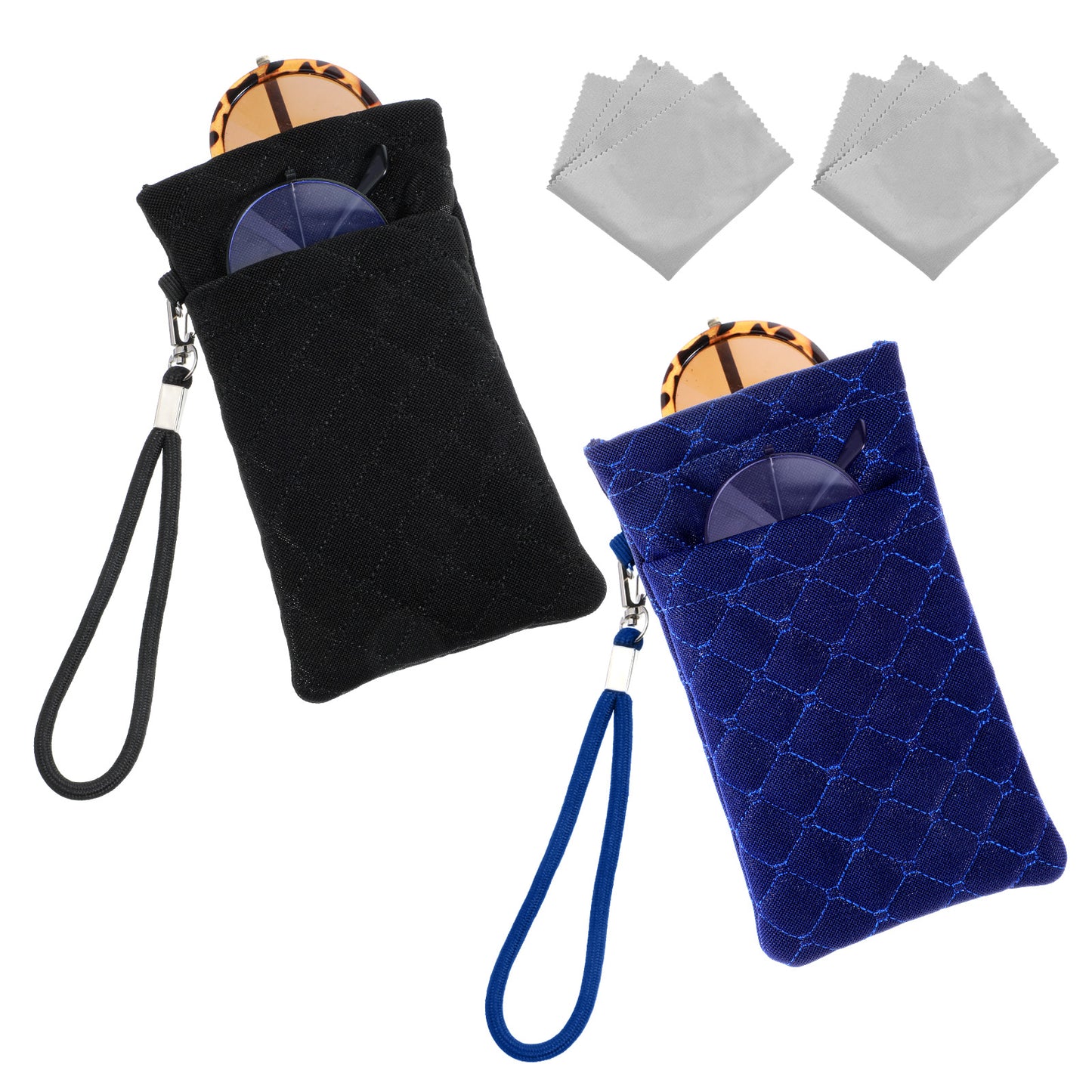 Double Eyeglass Cases for Women - Soft Eyeglass Cases with Detachable Strap, Sunglasses Pouch for Travel - Holds 2 Pairs of Glasses with Two Glasses Cloths(Blue & Black)