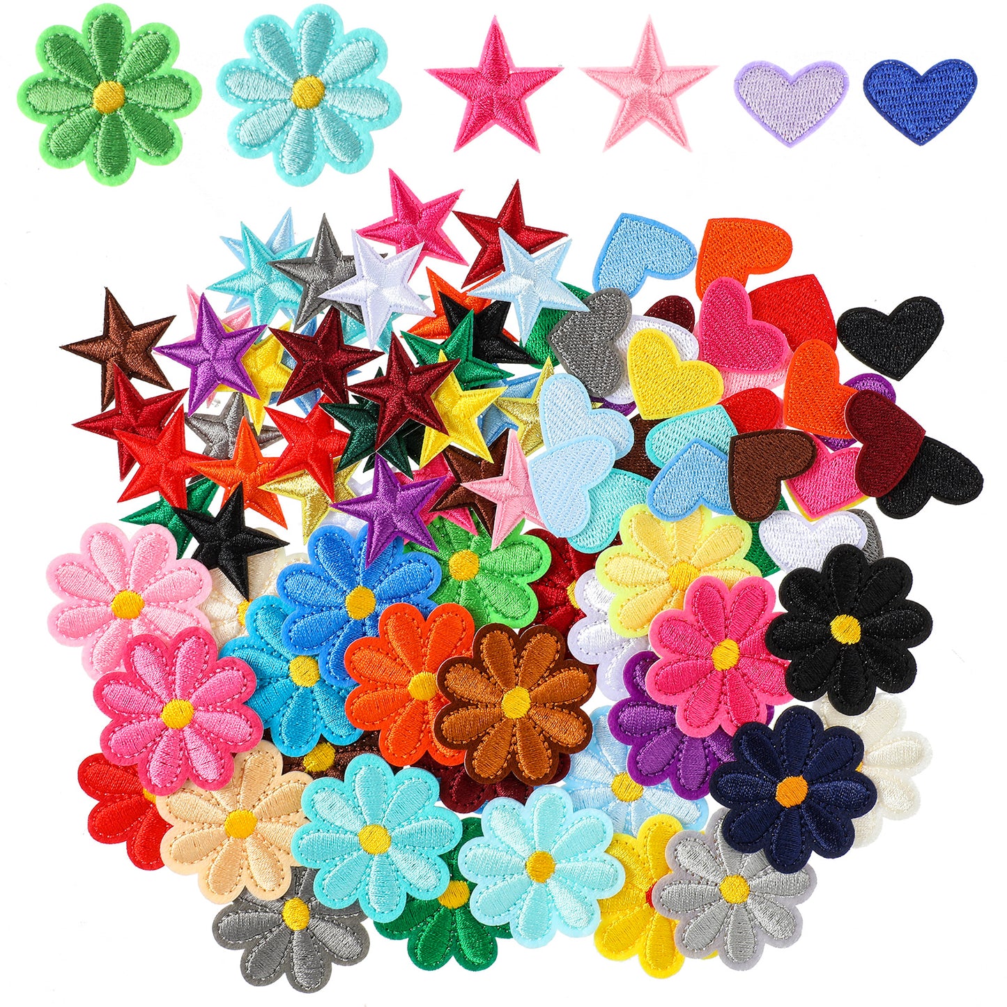 Yolev 94PCS Iron-On Patches Flower Heart Patches Mini Embroidery Applique Patches Colorful Sew Iron On Patches Heart Flower Patches for Repairing Clothes, Dresses, T-Shirts, Hats, Jeans, DIY Backpacks