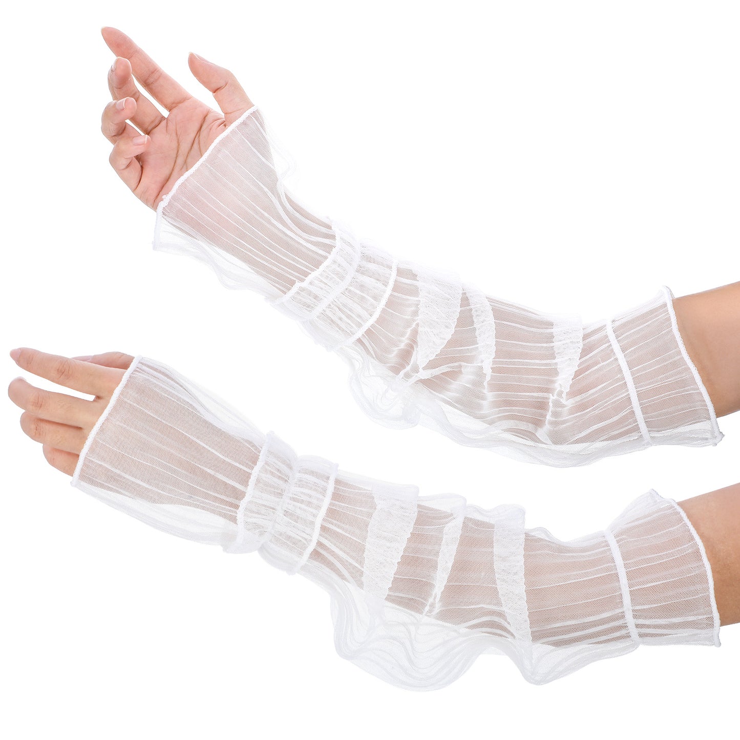Telooco Sheer Arm Sleeves Long Mesh Gloves for Women Rave Tulle Stretchy Gloves with Ruffle (White)