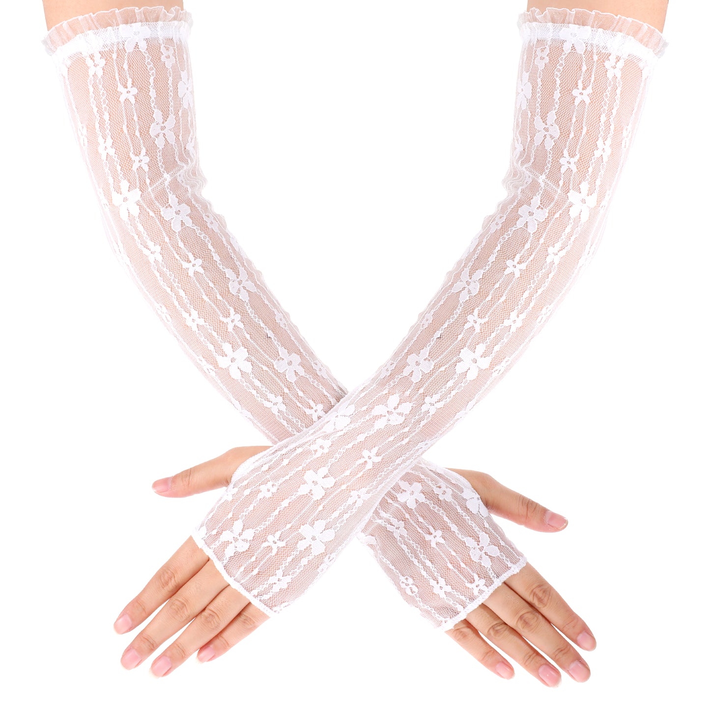 Josojoou Women's Long Lace Fingerless Elbow Length Floral Gloves White Long Tulle Wedding Gloves for Halloween Costume Tea Party Bridal Wedding Cosplay Prom