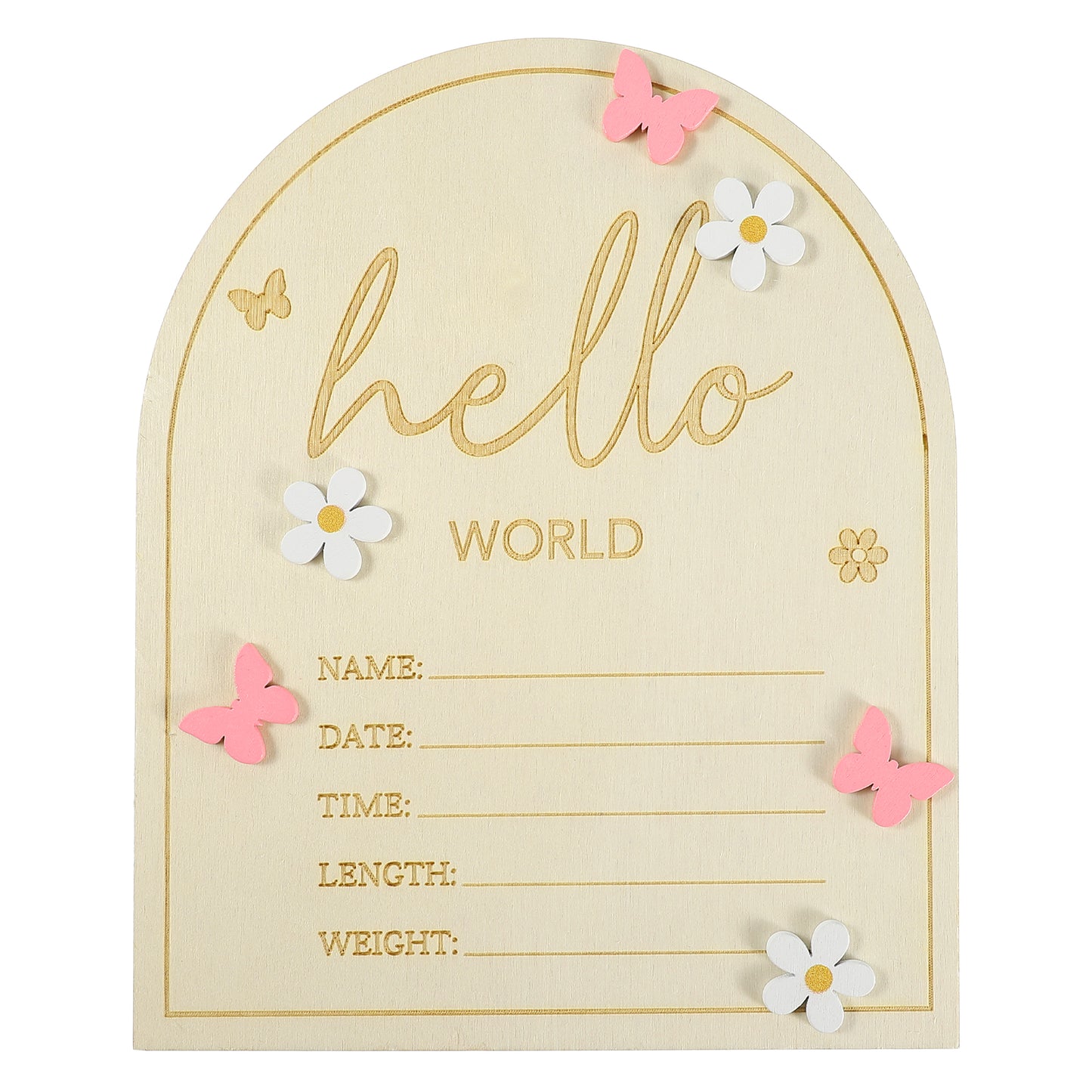 Hello World Newborn Sign,Wooden Birth Announcement Sign,Pink Butterfly Newborn Birth Announcement Board,White Flower Hospital Birth Stats Sign for Newborn Boys Girls Photo Props Baby Shower