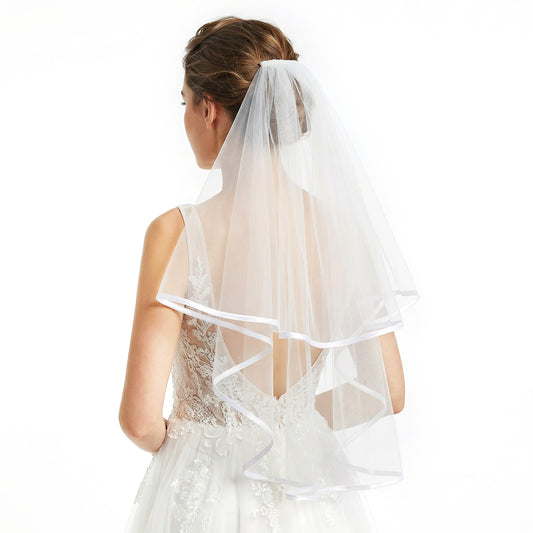 Tucnoeu White Bridal Veil Short 2 Tier Veil with white binding and Comb for bride veil, Perfect for Weddings and Bridal Showers Bridesmaid BachParty