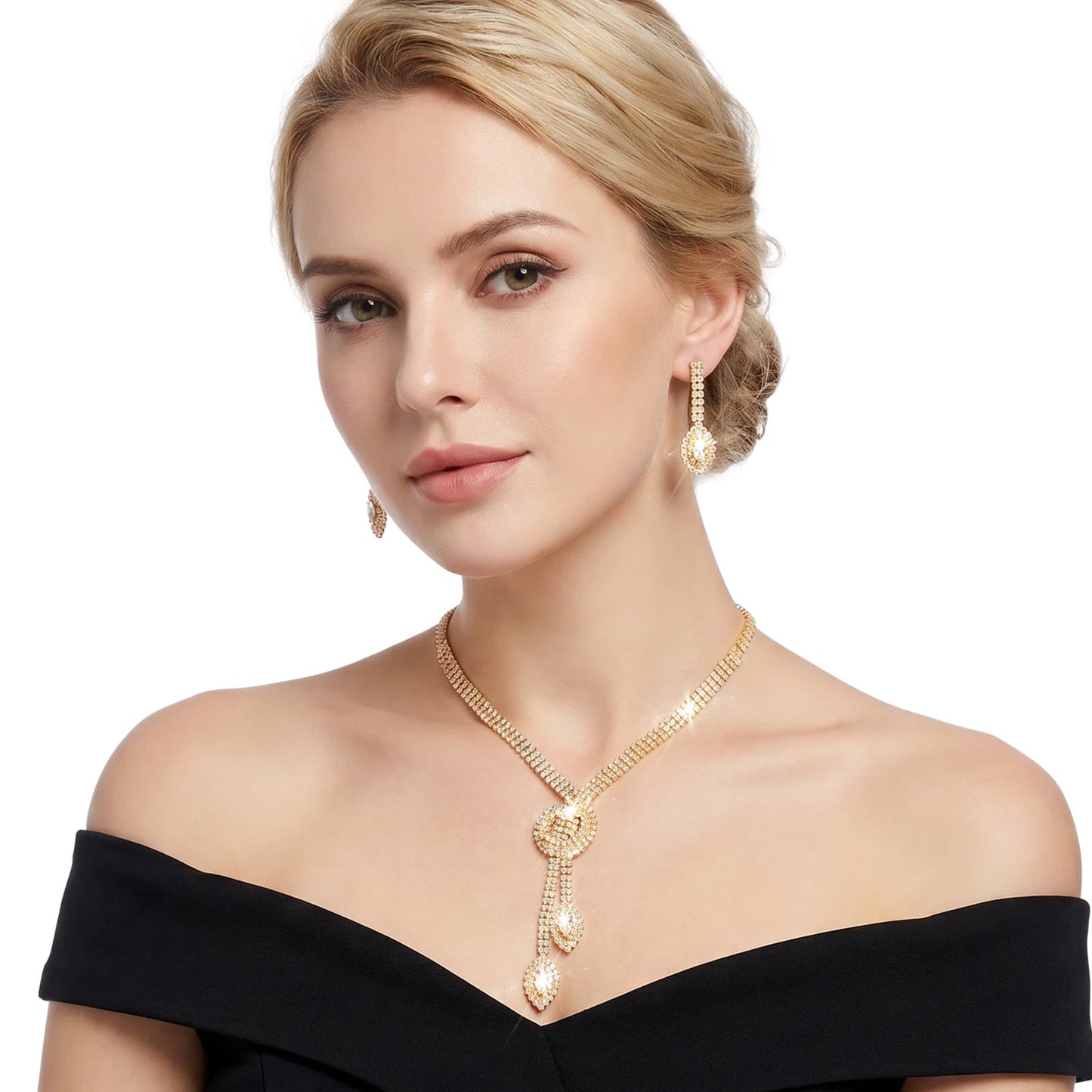 Neyauo Rhinestone Bridal Wedding Jewelry Set Crystal Earrings and Necklace Set for Women Formal Prom Costume Jewelry Sets for Bride Bridesmaid(Gold)