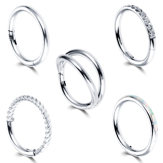 Lusofie 5Pcs 16G Hinged Nose Rings Silver Nose Rings Hoops Septum Ring Clicker CZ Tragus Cartilage Double Nose Ring Nose Body Piercing Jewelry for Women Men(8MM)