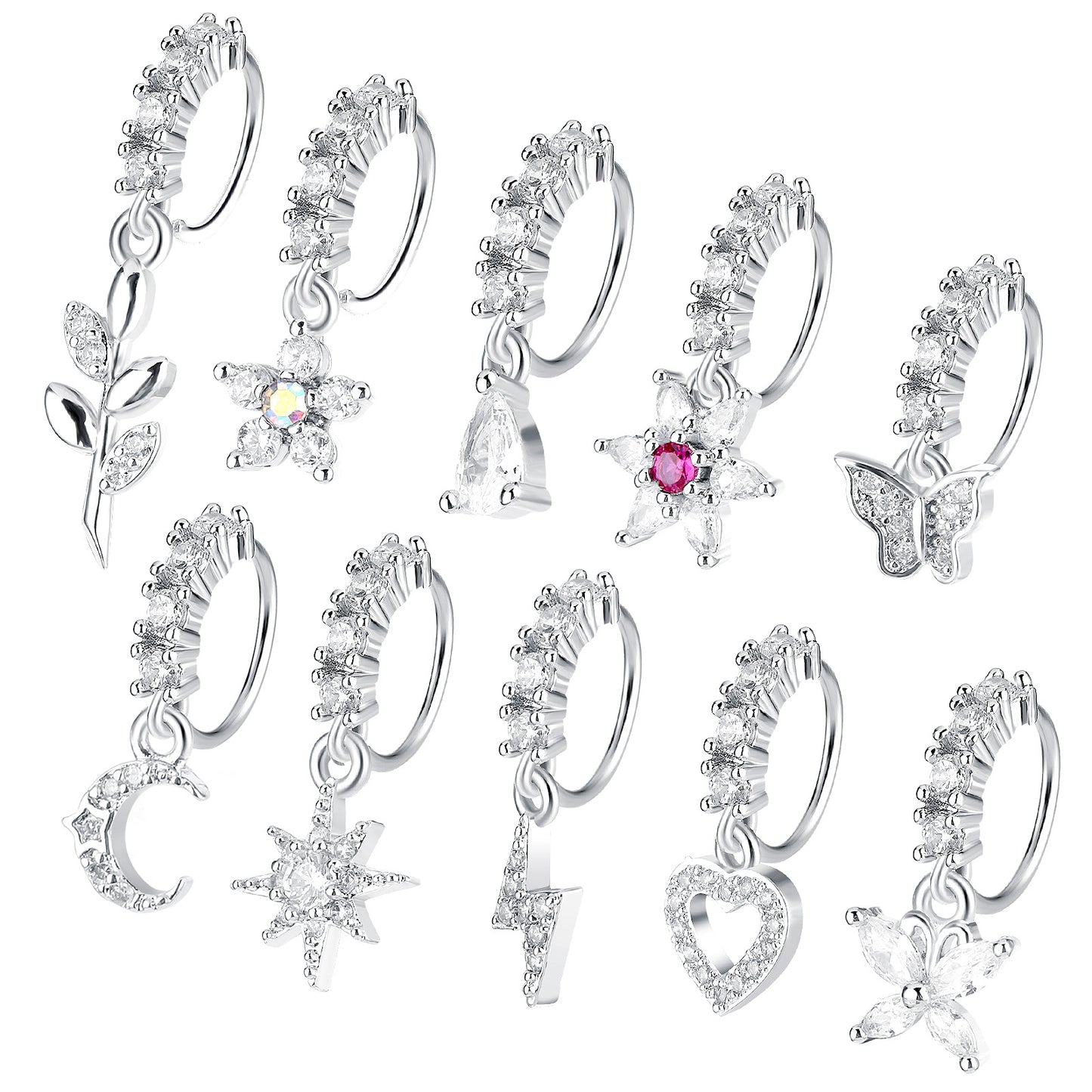 10Pcs 20G Dangle Nose Rings Hoops Silver Dangling Nose Piercing Jewelry Set Butterfly Heart Star Moon Cute Nose Rings for Women