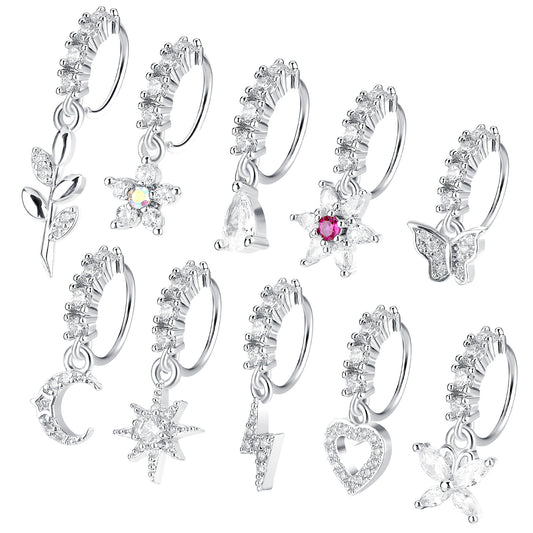 10Pcs 20G Dangle Nose Rings Hoops Silver Dangling Nose Piercing Jewelry Set Butterfly Heart Star Moon Cute Nose Rings for Women