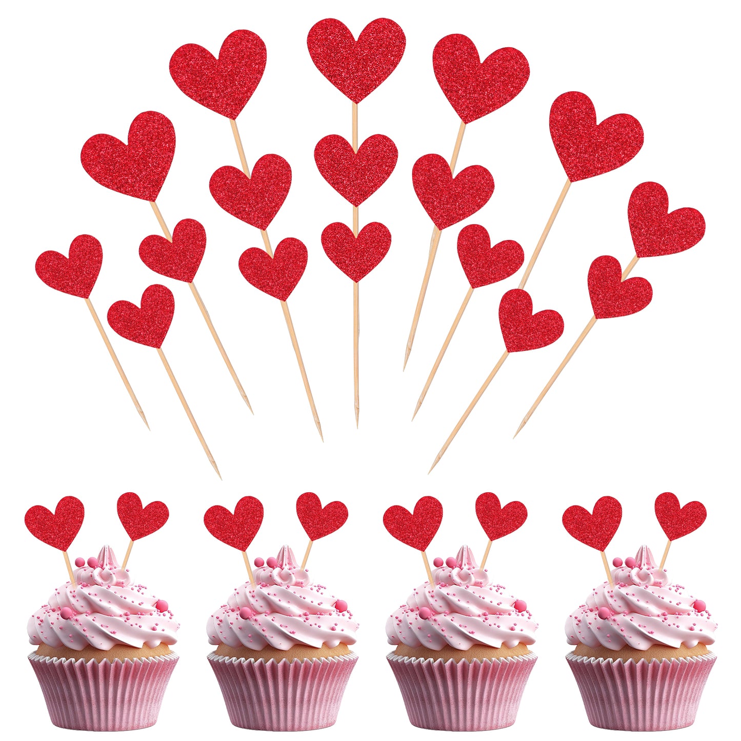 60pcs Heart Cupcake Toppers Valentine's Day Sweet Love Cake Decorations,Glitter Cupcake Picks for Wedding Engagement,Bridal Baby Shower Cupcake Topper Sticks, New Year Party Cake Supplies(Red)