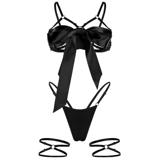 Telooco Women Sexy Lingerie Set Satin Bow Tie Lingerie Unwrap Me Present Lingeries for Christmas Valentines (Black)