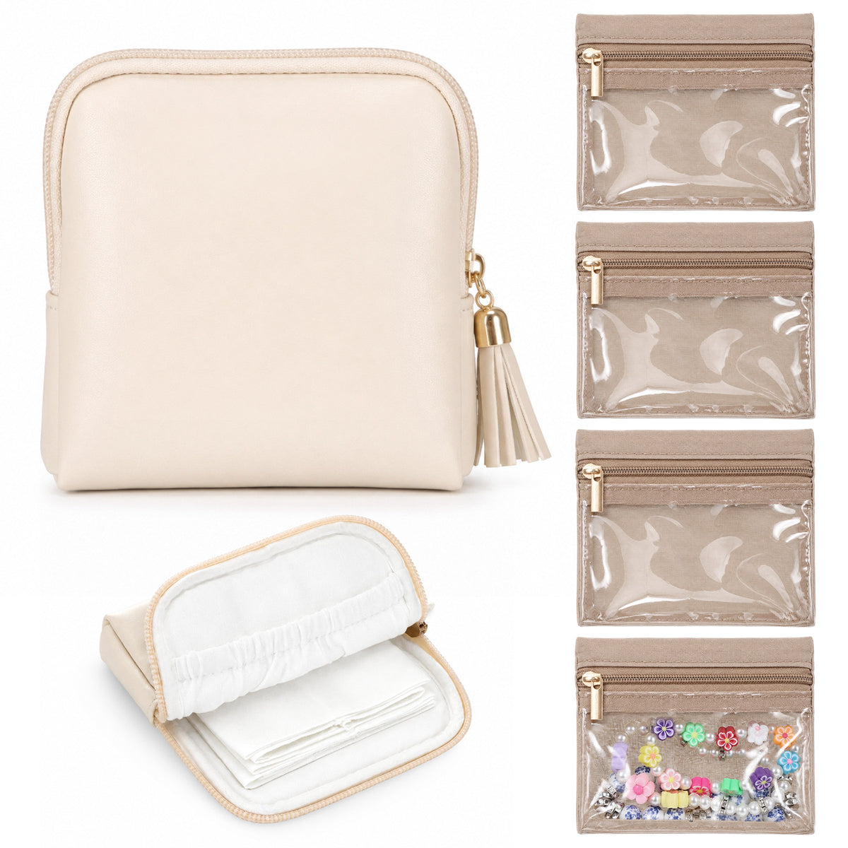 Gemoioio Travel Jewelry Pouch with 4 Mini Bags, Water-Resistant PU