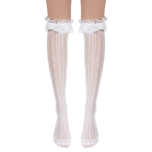 Lace Knee High Socks, White Lace Socks Women, Fishnet Heart Hollow Out Over Knee High Stockings, Mesh Sexy White Thigh Highs Sock with Faux Pearls for Women Girl