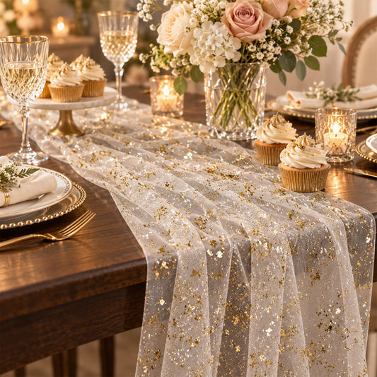 Ziuohaa 10FT Gold Sequin Table Runner Christmas Glitter Gauze Table Runner