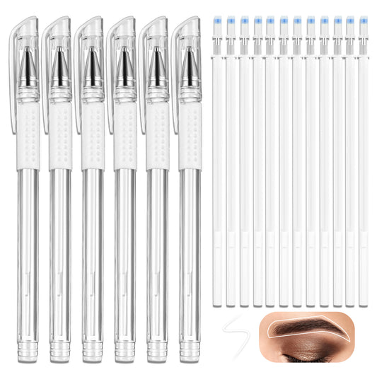 6pcs Skin Marker Pen,Eyebrow Microblading Marker Pen,Brow Mapping Pens with 12 Replacement Refills,White Eyeliner Pencil,Brow Lamination Supplies for Eyebrow Lip Skin