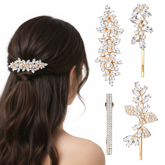 Rhinestone Hair Clips,Flower Bridal Gold Hair Clip, 4Pcs Elegant Hairs Accessories for Women, Girls, Brides, Wedding, Party