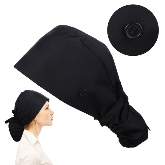Neyauo Adjustable Working Caps with Button, Cotton Chef Hats, Unisex Hair Cover for Cooking, Women Ponytail Pouch Hats for Working Black